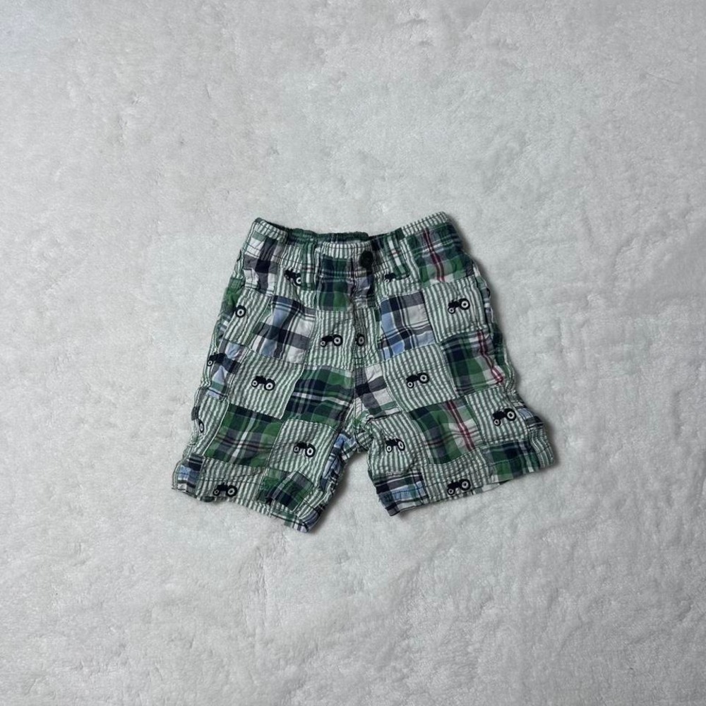 Gymboree Boys Tractor Green Blue Plaid Shorts Sz 18-24 M Farming Country Farmer‎